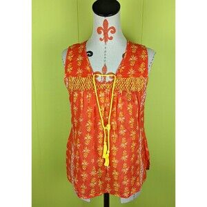 Crown & Ivy Beach Women's M Print Front Sleeveless Blouse Top Orange Yellow EUC